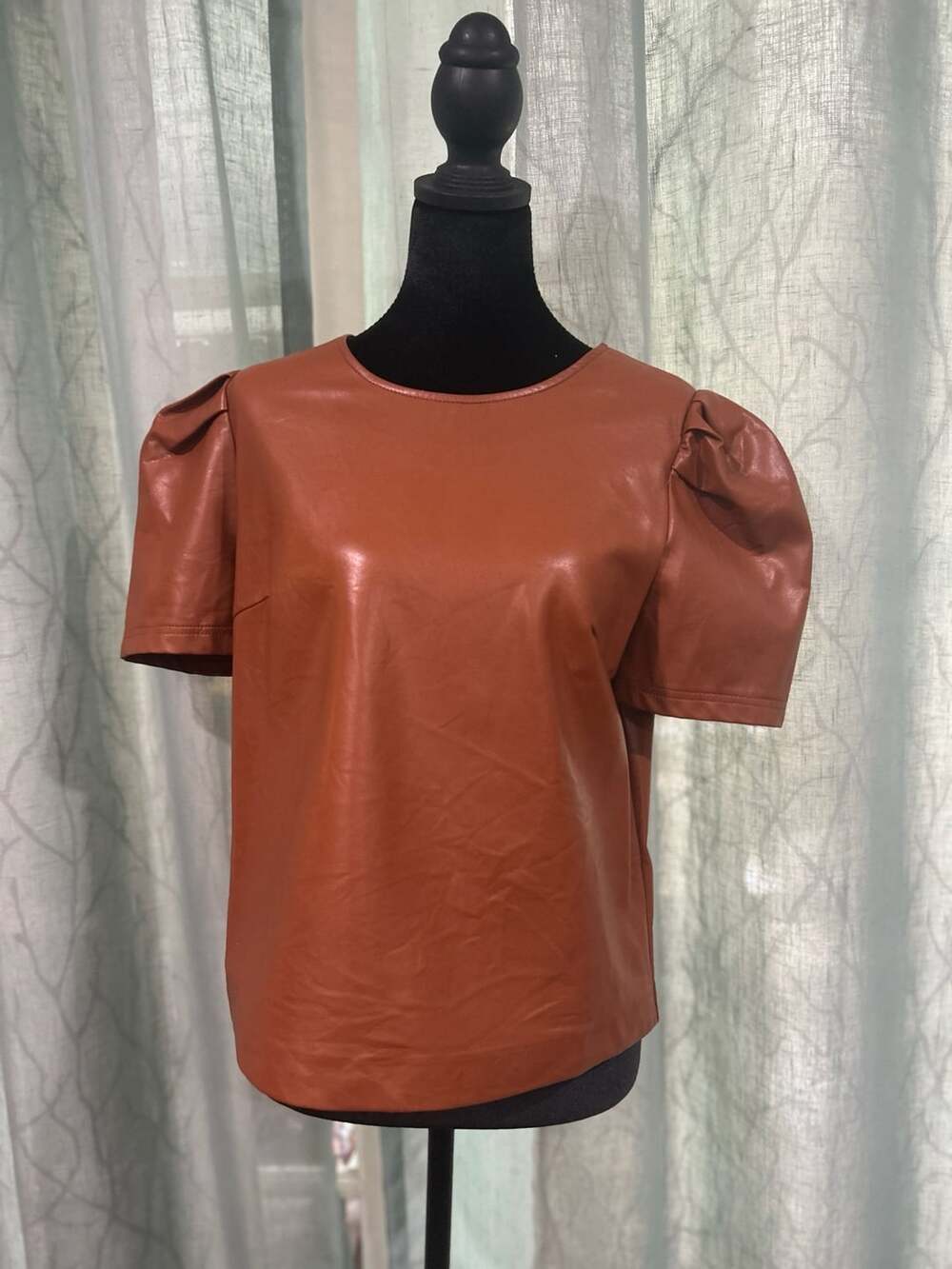 Gigio USA Faux Leather Short Sleeve Puff Shoulder Top in Cognac Brown